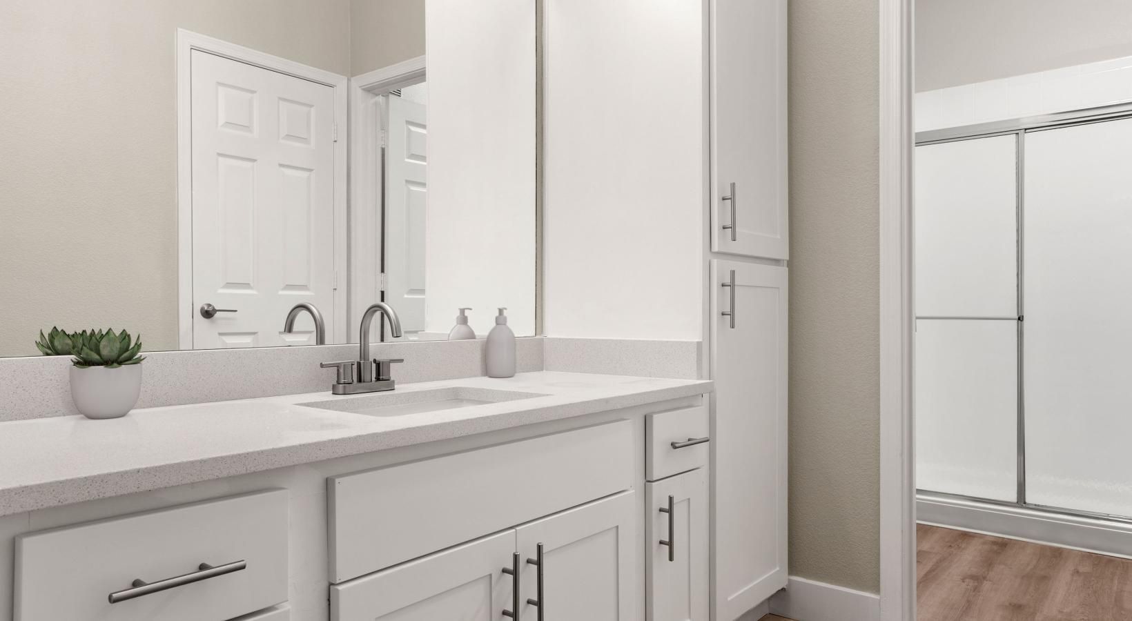 Bathroom options with thoughtful details a bathroom with white cabinets